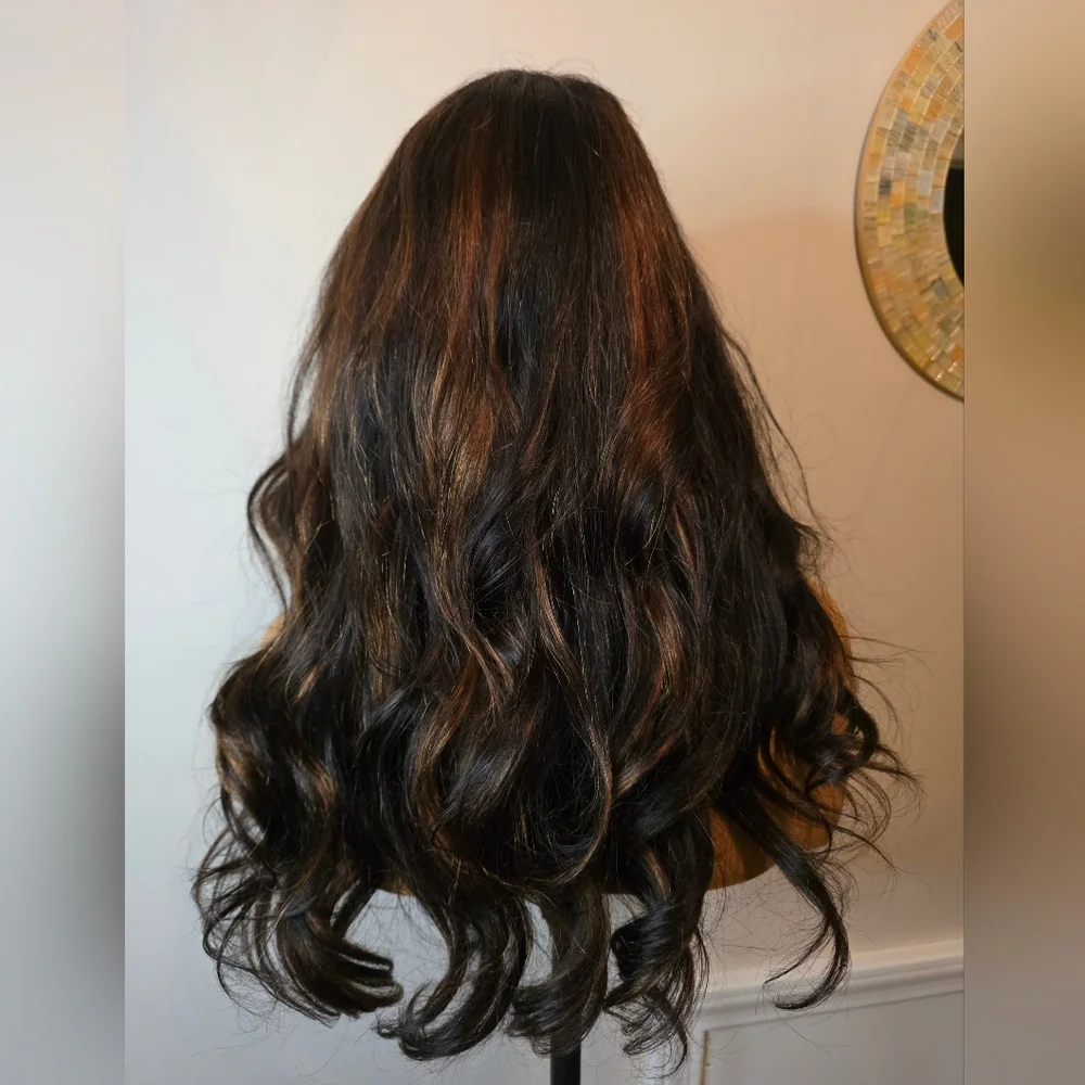 Rich Brown Chestnut Highlight Loose Wave Human Hair Wig - Picture 4 of 5